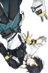 Rule 34 | 1boy, armor, asaba harumasa, bangboo (zenless zone zero), black hair, black necktie, clothes around waist, collared shirt, fingerless gloves, gloves, headband, highres, jacket, jacket around waist, male focus, necktie, parted bangs, shirt, short hair, shoulder armor, smile, white shirt, wz (woyzeck), yellow eyes, yellow gloves, yellow headband, zenless zone zero