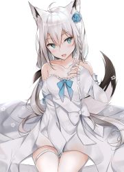 Rule 34 | 1girl, 7gao, ahoge, animal ear fluff, animal ears, bare shoulders, blue eyes, blue flower, blush, braid, collarbone, commentary, cowboy shot, detached sleeves, dress, flower, fox ears, fox girl, fox tail, hair between eyes, hair flower, hair ornament, highres, hololive, long hair, open mouth, shirakami fubuki, shirakami fubuki (1st costume), side braid, simple background, sitting, smile, tail, virtual youtuber, white background, white dress, white hair