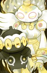 absurdres angel angel_wings claydol closed_eyes creatures_(company) crossover digimon digimon_adventure_02 doguu game_freak gen_3_pokemon highres looking_at_another nintendo pokemon rinnai-rai shakkoumon sparkle statue trait_connection wings yellow_eyes