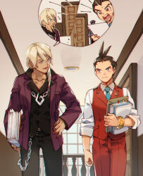 Rule 34 | 2boys, ace attorney, antenna hair, apollo justice, apollo justice: ace attorney, belt, belt buckle, black belt, black pants, black shirt, blonde hair, blue eyes, blue necktie, book, bracelet, bright pupils, brown eyes, brown hair, buckle, buttons, ceiling, ceiling light, chain, chain necklace, closed mouth, collarbone, collared shirt, commentary request, door, double-parted bangs, dress pants, drill hair, fingernails, forked eyebrows, frown, furrowed brow, gold bracelet, guard, hair between eyes, hair over shoulder, hand on own hip, hi-fi (fijazzy), holding, holding book, holding paper, image in speech bubble, index ring, indoors, initial, jacket, jewelry, klavier gavin, lapel pin, lapels, long hair, long sleeves, looking at another, looking to the side, male focus, multiple boys, necklace, necktie, notched lapels, notice lines, open clothes, open jacket, open mouth, pants, paper, purple jacket, railing, red pants, red vest, ring, shirt, short hair, shout lines, shouting, side-by-side, side drill, sleeves rolled up, smile, speech bubble, suit jacket, sweatdrop, talking, tan, teeth, vest, waistcoat, walking, wallet chain, white pupils, white shirt, window, wing collar