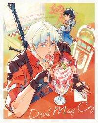 Rule 34 | 1boy, 1girl, black gloves, black hair, blue eyes, coat, copyright name, dante (devil may cry), devil may cry (netflix), devil may cry (series), fingerless gloves, food, gloves, highres, holding, holding spoon, ice cream, lady (devil may cry), looking at viewer, ohprcr, open mouth, rebellion (sword), red coat, spoon, sundae, sword, sword on back, watermark, weapon, weapon on back, white hair