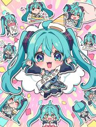 &gt;:) &gt;_&lt; 39 6+girls :3 ^_^ ahoge aqua_eyes aqua_hair aqua_necktie arms_up black_footwear black_skirt black_sleeves boots box cake chibi closed_eyes closed_mouth commentary confetti cross_in_eye detached_sleeves envelope food gift gift_box grey_shirt hair_ornament hat hatsune_miku highres holding holding_plate holding_spoon birthday_sash irasutogakari long_hair looking_at_viewer miku_day multiple_girls necktie open_mouth party_hat plate pleated_skirt sash shirt skirt sleeveless sleeveless_shirt spoon spring_onion thigh_boots tie_clip tongue twintails v-shaped_eyebrows very_long_hair very_long_sleeves vocaloid white_sash