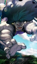 azusa_(hws) black_hair blue_sky blurry blurry_background bungee_jumping colored_skin commentary_request day falling fate/grand_order fate_(series) game_cg grey_skin heracles_(fate) heterochromia long_hair midair muscular muscular_male no_pupils official_alternate_costume official_art open_mouth outdoors photo_background red_eyes sky teeth third-party_source veins yellow_eyes