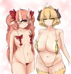 2025 2girls bikini biligbilig blonde_hair breasts cecilia_rosenkreutz eira_woolcot flat_chest highres horns lamb_girl large_breasts loli multiple_girls oni_girl orange_hair pointy_ears red_eyes size_difference swimsuit white_background yellow_eyes