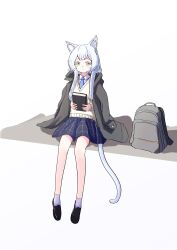 1girl animal_ear_fluff animal_ears arknights backpack bag black_jacket black_skirt blue_necktie book closed_mouth collared_shirt colored_eyelashes commentary_request expressionless full_body gradient_background green_eyes grey_background highres holding holding_book jacket kiyu_es335 long_hair long_sleeves looking_at_viewer miniskirt necktie partial_commentary rosmontis_(arknights) shirt sitting skirt solo sweater_vest tail white_background white_hair white_shirt white_tail yellow_sweater_vest