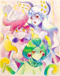 Rule 34 | 3girls, :3, bare shoulders, blonde hair, blue hair, blue skin, breasts, brown eyes, chainsaw, cleavage, closed mouth, collarbone, colored skin, earrings, gradient hair, green skin, highres, holding, holding chainsaw, holding test tube, jewelry, large breasts, long hair, losno, marina (omori), medusa (omori), molly (omori), multicolored hair, multiple girls, necklace, omori, open mouth, pink hair, pink skin, red eyes, short hair, tentacle hair, test tube, traditional media, vial