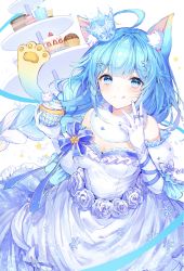 1girl :q absurdres ahoge animal_ear_fluff animal_ears blue_eyes blue_hair blue_ribbon blush breasts cat_ears cleavage closed_mouth crown cupcake dress elbow_gloves flower food food_on_face frilled_dress frills fur_collar gloves gradient_hair hair_ornament highres holding holding_food indie_virtual_youtuber jewelry lanmewko large_breasts long_hair looking_at_viewer mini_crown multicolored_hair multiple_rings noyu_(noyu23386566) ribbon ring simple_background smile snowflake_hair_ornament solo star_(symbol) tiered_tray tongue tongue_out very_long_hair virtual_youtuber white_background white_dress white_flower white_gloves white_hair