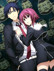 10s 1boy 1girl absurdres belt black_dress black_thighhighs blue_eyes blue_hair chaos;child cowboy_shot dress dress_shirt dutch_angle glasses hand_on_another&#039;s_shoulder hands_in_pockets highres looking_at_viewer miyashiro_takuru necktie official_art onoe_serika purple_eyes purple_hair red_necktie school_uniform shirt short_hair_with_long_locks sidelocks thighhighs white_shirt zettai_ryouiki