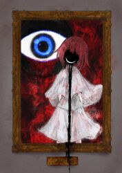 1girl blue_eyes c: capelet closed_mouth commentary dress eyeball facing_viewer head_tilt highres horror_(theme) looking_at_viewer no_eyes nuzu64335485 otonashi_ayana portrait_(object) red_hair school_uniform short_hair skirt smile solo subarashiki_hibi white_capelet white_dress white_skirt