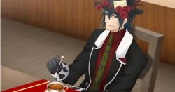 1boy absurdres black_gloves black_hair black_suit blood_dupre cup formal_clothes game_cg gloves green_eyes hat heart_no_kuni_no_alice highres looking_at_viewer non-web_source red_shirt shirt solo spoon suit teacup top_hat upper_body