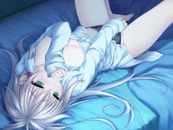 1girl 5pb. animated animated_gif arisa_crain_femiluna barefoot bed bed_sheet biting black_panties blonde_hair blush breasts breasts_out clothed_masturbation earrings female_focus female_masturbation biting_finger fingering fingering_through_clothes game_cg green_eyes jewelry long_hair lying masturbation masturbation_through_clothes nipples no_bra no_pants on_back on_bed open_clothes open_shirt panties pussy_juice pussy_juice_stain shirt small_breasts solo spread_legs sweat tears through_clothes underwear w.l.o_sekai_ren&#039;ai_kikou wet wet_clothes wet_panties white_hair