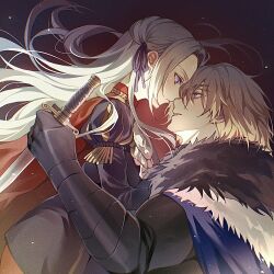 Rule 34 | 1boy, 1girl, arm up, armor, armored gloves, ascot, black armor, black fur, black gloves, blue cape, blue eyes, cape, cowboy shot, dagger, dated commentary, dimitri alexandre blaiddyd, dimitri alexandre blaiddyd (timeskip), edelgard von hresvelg, eye contact, fire emblem, fire emblem: three houses, floating hair, fur-trimmed cape, fur trim, garreg mach monastery uniform, gloves, gradient background, hair between eyes, hair intakes, hair ribbon, highres, holding, holding dagger, holding knife, holding weapon, juliet sleeves, knife, leggings, long hair, long sleeves, looking at another, nintendo, open mouth, profile, puffy sleeves, purple eyes, purple ribbon, red cape, red leggings, ribbon, soma otakuu, teeth, upper body, upper teeth only, weapon, white ascot, white fur, white hair