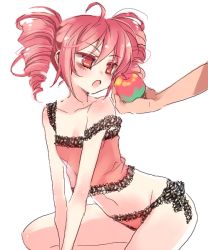 1girl apple bad_id bad_pixiv_id camisole drill_hair food fruit holding holding_food holding_fruit kasane_teto lingerie manle orange_hair panties red_eyes red_hair romeo_to_cinderella_(vocaloid) see-through_clothes side-tie_panties solo_focus strap_slip twin_drills twintails underwear utau vocaloid