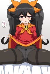 1girl ? ashley_(warioware) black_hair black_pantyhose blush breasts clothes_lift dress dress_lift highres lifting_own_clothes long_hair looking_at_viewer nintendo on_bed open_mouth panties panties_under_pantyhose pantyhose red_dress red_eyes simple_background sitting small_breasts solo spoken_question_mark spread_legs tankuro_uri twintails underwear warioware
