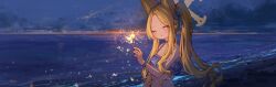 1girl absurdres akizuki_kawakaze alternate_costume animal_ear_fluff animal_ears bare_shoulders bikini blonde_hair blue_archive blue_bikini forehead fox_ears fox_girl frilled_bikini frills highres holding holding_fireworks long_hair looking_at_viewer ocean pink_eyes seia_(blue_archive) sidelocks solo swimsuit upper_body