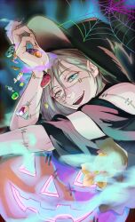 absurdres blue_eyes blue_hair blue_na candy fingernails flower food glowing glowing_eyes halloween hat heterochromia highres jack-o&#039;-lantern jujutsu_kaisen lollipop long_fingernails long_hair low-tied_long_hair mahito_(jujutsu_kaisen) nekozuki_(usagi0705) silk smile spider_web stitched_arm stitched_face stitches teeth upper_body upper_teeth_only witch witch_hat yellow_eyes