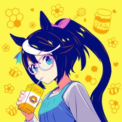 1girl absurdres animal_ears bee blue_eyes bow bug commentary drinking flower glasses hair_bow highres honey honey_dipper honeycomb_(pattern) horse_ears horse_girl insect juice_box layered_shirt long_hair multicolored_hair nail_polish pink-framed_eyewear pink_bow pink_nails ponytail simple_background smiling_lime solo streaked_hair tokai_teio_(umamusume) umamusume upper_body white_hair yellow_background