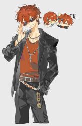 1boy 1girl absurdres adjusting_eyewear belt black_jacket chain chain_necklace chibi chibi_inset grey_background grin hair_between_eyes hand_in_pocket highres jacket jewelry long_sleeves male_focus necklace open_clothes open_jacket original pants qyzhiaiyisheng red_shirt shirt short_hair smile sunglasses yellow_eyes