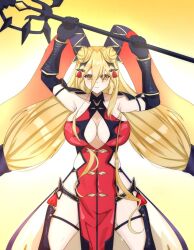 Rule 34 | blonde hair, breasts, cleavage, date a live, hair bun, highres, hoshimiya mukuro, long hair, thighs, yellow eyes