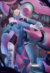 Rule 34 | 1girl, audia pahlevi, bodysuit, brown hair, d.va (overwatch), facial mark, facial tattoo, female focus, headphones, highres, long hair, looking at viewer, md5 mismatch, mecha, mecha pilot suit, meka (overwatch), overwatch, overwatch 1, resized, resolution mismatch, robot, smile, solo, tattoo, upscaled, whisker markings