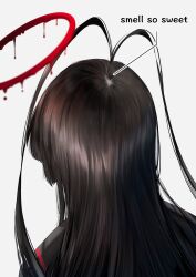 Rule 34 | absurdres, antenna hair, balding, black hair, black serafuku, blood, blood halo, blue archive, english text, from behind, hair focus, halo, highres, liquid halo, long hair, matoba ryou, melting halo, red halo, school uniform, serafuku, solo, tsurugi (blue archive), white background