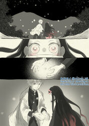 1boy 1girl absurdres agatsuma_zenitsu akizuki108 bamboo bit_gag black_hair bug comic commentary_request demon_slayer_uniform firefly gag gagged gagged_(willingly) greyscale haori highres insect japanese_clothes kamado_nezuko kimetsu_no_yaiba kimono long_hair monochrome multicolored_hair pink_eyes pink_hair pink_kimono silent_comic sky spot_color star_(sky) starry_sky two-tone_hair watermark wide_sleeves