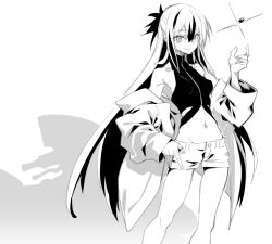 10mo 1girl bare_shoulders belt breasts coat cropped_shirt fate/grand_order fate_(series) greyscale hair_between_eyes highres long_hair long_sleeves looking_at_viewer medium_breasts midriff monochrome multicolored_hair nagao_kagetora_(fate) navel open_clothes open_coat shirt shorts sidelocks sleeveless sleeveless_shirt smile solo thighs two-tone_hair uesugi_kenshin_(fate) uesugi_kenshin_(second_ascension)_(fate) very_long_hair