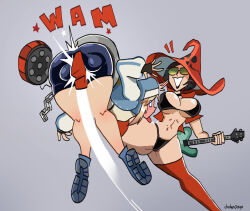 1boy 1girl ball_busting bridget_(guilty_gear) chain chicken0chips crotch_kick guilty_gear guitar highres i-no instrument