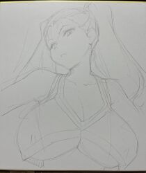 1girl breasts cheerleader cleavage commentary_request from_below high_ponytail highres honjoumiya_tsubomi large_breasts long_hair looking_at_viewer monochrome original peace_hame pisu_hame ponytail shiwasu_no_okina sketch solo traditional_media twintails underboob upper_body
