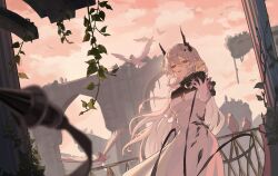 1girl adjusting_hair arch arknights bird bridge broken_bridge chinese_commentary cloud cloudy_sky column commentary_request cowboy_shot demon_girl demon_horns dove dress eyebrows_hidden_by_hair fingernails hair_between_eyes hand_up highres horns ivy lips long_sleeves looking_at_viewer material_growth mingrifangzhouteleixiyatongrenzhuye oripathy_lesion_(arknights) parted_lips pillar pink_dress pink_hair railing red_eyes sky smile solo theresa_(arknights) white_bird