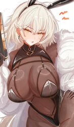0nineo9 1girl absurdres animal_ears breasts covered_navel cross cross_earrings earrings fake_animal_ears fate/grand_order fate_(series) fur_trim gloves grey_hair highres huge_breasts jeanne_d&#039;arc_alter_(fate) jewelry leotard nontraditional_playboy_bunny playboy_bunny rabbit_ears solo yellow_eyes