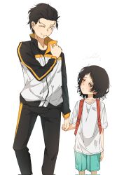Rule 34 | &gt; o, 1boy, 1girl, backpack, bag, black hair, black jacket, blush, brown eyes, feet out of frame, green shorts, highres, holding hands, jacket, kuze shizuka, looking at another, medium hair, natsuki subaru, one eye closed, pants, pointing, pointing at self, randoseru, re:zero kara hajimeru isekai seikatsu, shirt, short hair, shorts, signature, smile, takopii no genzai, track jacket, track pants, unkempt, white background, white jacket, white shirt, yabudori