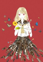 Rule 34 | 1girl, 922pochan, blonde hair, brown sailor collar, brown skirt, bug, butterfly, commentary, flower, hands up, holding, holding flower, insect, looking at viewer, masking tape (medium), medium hair, mixed media, necktie, orange necktie, original, parted bangs, parted lips, red background, red eyes, safety pin, sailor collar, school uniform, serafuku, sewing pin, shirt, short sleeves, skirt, solo, straight-on, traditional media, unconventional media, white shirt, yellow flower