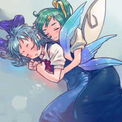 2girls blue_dress blue_hair blush cirno closed_eyes commentary_request daiyousei dress green_hair multiple_girls ponytail short_hair sleeping smile spooning touhou wings yst