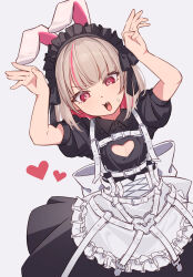1girl animal_ears apron arms_up back_bow belt black_dress black_headdress black_ribbon blunt_bangs blush bob_cut bow breasts chest_harness cleavage_cutout clothing_cutout collared_dress colored_inner_hair corset cowboy_shot cross-laced_clothes cross-laced_corset dress fake_animal_ears fang frilled_shirt_collar frills furrowed_brow grey_hair harness heart heart_cutout heart_o-ring highres loose_belt maid maid_headdress makaino_ririmu makaino_ririmu_(5th_costume) medium_hair multicolored_hair multiple_belts nijisanji no_jacket o-ring o-ring_belt open_mouth pink_hair puffy_short_sleeves puffy_sleeves rabbit_ears rabbit_pose red_eyes ribbon shin_toro short_dress short_sleeves simple_background small_breasts solo streaked_hair sweatdrop thigh_strap v-shaped_eyebrows virtual_youtuber waist_apron white_apron white_background white_belt white_corset winged_heart
