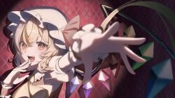1girl argyle_background ascot blonde_hair blurry blurry_foreground bow collared_shirt commentary crossed_bangs crystal crystal_wings flandre_scarlet foreshortening frilled_cuffs frilled_shirt_collar frills hands_up hat hat_bow highres ko_gyoku light_blush looking_at_viewer mob_cap nail_polish open_mouth outstretched_arm puffy_short_sleeves puffy_sleeves red_bow red_eyes shadow shirt short_sleeves smile solo touhou upper_body vest white_hat white_shirt wings yellow_ascot