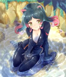 10s 1girl animal_ears blue_hair blush breasts catsuit cleavage collarbone female_focus from_above hippopotamus_(kemono_friends) hippopotamus_ears kemono_friends large_breasts long_hair looking_at_viewer multicolored_hair naka_akira open_clothes partially_submerged pink_hair pool sitting smile solo wariza yellow_eyes zipper