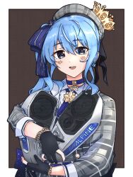 1girl :d alpine_electronics balladeluce beret black_gloves blue_choker blue_eyes blue_hair blue_ribbon blush border brown_background choker collared_shirt commentary_request crown dress_shirt earrings gloves grey_hat grey_jacket hair_ribbon hands_up hat highres holding hololive hoshimachi_suisei hoshimachi_suisei_(1st_costume) jacket jewelry long_hair long_sleeves looking_at_viewer open_mouth partially_fingerless_gloves plaid_clothes plaid_hat plaid_jacket ribbon shirt side_ponytail smile solo speaker star_(symbol) star_earrings star_in_eye symbol_in_eye virtual_youtuber white_border white_shirt