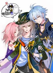 1boy 2girls absurdres ahoge animalization baioufeiguoxilahai black_coat black_gloves black_hat blue_eyes breasts chinese_commentary coat commentary_request cyrene_(honkai:_star_rail) dog fingerless_gloves gloves grey_hair hair_ornament hat highres holding holding_quill honkai:_star_rail honkai_(series) lygus_(honkai:_star_rail) medium_hair multiple_girls phainon_(honkai:_star_rail) pink_hair purple_coat quill raccoon shirt simple_background smile spoken_animal stelle_(honkai:_star_rail) trailblazer_(honkai:_star_rail) white_background white_hair white_shirt yellow_eyes