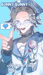 1boy :d aizendai aotsuki_eito blue_background blue_neckerchief blue_sailor_collar character_name character_pin chinese_commentary choker english_text finger_gun grey_hair hair_ornament hat heart heart-shaped_eyewear highres looking_at_viewer male_focus microphone neckerchief one_eye_closed open_mouth outline purple_eyes sailor_collar short_hair smile solo spiked_choker spikes spoken_heart sumino_takumi teeth the_hundred_line_-last_defense_academy- twitter_username upper_body upper_teeth_only white_outline
