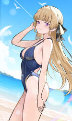 1girl absurdres alternate_costume beach bird blonde_hair blue_one-piece_swimsuit blue_sky breasts cloud commentary cowboy_shot day dutch_angle english_commentary from_side hair_ribbon highres long_hair looking_at_another looking_to_the_side ocean one-piece_swimsuit outdoors phoebe_(wuthering_waves) ribbon ryeon_(naturesan) sky small_breasts smile solo striped_ribbon swimsuit tacet_mark_(wuthering_waves) water wuthering_waves