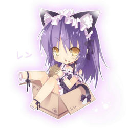 1girl animal_ears box cat_ears cat_tail character_name chibi choker eiyuu_densetsu falcom female_focus frills full_body in_container kemonomimi_mode long_hair maid_headdress purple_hair renne_(eiyuu_densetsu) saru shoes sitting solo sora_no_kiseki tail white_background yellow_eyes