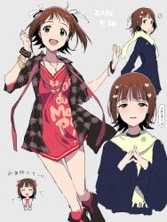 Rule 34 | 4girls, amami haruka, ankle boots, black boots, black jacket, blue coat, blush, boots, bow, bracelet, breasts, breath, brown hair, chibi, clenched hands, coat, collarbone, dated, dot nose, dress, green eyes, grey background, hair bow, hair ribbon, hands up, highres, hitodama (madatohi), idolmaster, idolmaster (classic), idolmaster million live!, idolmaster million live! theater days, jacket, jewelry, long sleeves, looking at viewer, medium breasts, multiple bracelets, multiple girls, multiple persona, necklace, open clothes, open jacket, open mouth, pink socks, print dress, red dress, revision, ribbon, scarf, short hair, simple background, smile, socks, speech bubble, standing, steepled fingers, text print, white ribbon, yellow scarf