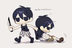 2boys antenna_hair black_eyes black_hair black_socks black_sweater_vest black_tank_top brown_footwear brown_shorts chibi chibi_only collared_shirt crmmm91 dual_persona english_text engrish_text highres holding holding_knife knife loafers male_focus multiple_boys no_mouth omori omori_(omori) ranguage shirt shoes short_hair short_sleeves shorts socks sunny_(omori) sweater_vest tank_top white_shirt white_shorts white_socks