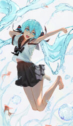 1girl aqua_eyes aqua_hair barefoot bottle_miku bubble fish goldfish hair_ribbon hatsune_miku highres liquid_hair long_hair open_mouth ribbon s2rid sailor_collar school_uniform serafuku skirt solo twintails very_long_hair vocaloid water white_background