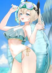 Rule 34 | 1girl, :d, alternate costume, aqua bikini, aqua eyes, aqua nails, beach, bikini, black ribbon, blonde hair, blue sky, blurry, blurry background, cloud, commentary request, contrapposto, crossed bangs, day, double-parted bangs, frilled bikini, frills, hair between eyes, hair ribbon, highres, holding, holding swim ring, hololive, innertube, kazama iroha, looking at viewer, mask, mask on head, medium hair, nail polish, namakatsu, navel, official alternate hairstyle, open mouth, outdoors, palm leaf, ribbon, side-tie bikini bottom, sky, smile, snorkel mask, solo, stomach, swim ring, swimsuit, teeth, twintails, upper teeth only, virtual youtuber