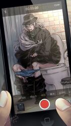 1boy black_coat black_pants blue_male_underwear cellphone_photo cigarette clothes_pull coat coat_hold curtains full_body gin_(meitantei_conan) grey_hair highres indoors long_hair long_sleeves looking_at_viewer male_focus male_underwear meitantei_conan mouth_hold on_toilet one_eye_covered out_of_frame pants pants_pull pov pov_hands public_restroom shaded_face signature solo_focus taking_picture tile_floor tile_wall tiles toilet_paper_tube toilet_seat toilet_use touchscreen trash_can underwear very_long_hair warlock1000