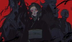 1girl 3boys aaaqi91749 akaza_(kimetsu_no_yaiba) black_hair demon_boy douma_(kimetsu_no_yaiba) genderswap genderswap_(mtf) japanese_clothes kibutsuji_muzan kibutsuji_muzan_(female) kimetsu_no_yaiba kimono kokushibou long_hair looking_at_viewer multiple_boys red_background