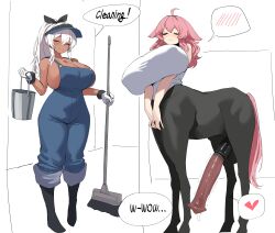 1futa 1girl absurdres ahoge animal_penis blue_overalls breasts bucket centaur closed_eyes closed_mouth commentary_request dark-skinned_female dark_skin english_text erection futanari gloves hair_between_eyes heart highres holding holding_bucket holding_mop horse_penis huge_breasts huge_penis korean_commentary long_hair mop original overalls penis pink_hair speech_bubble spoken_blush spoken_heart standing taur testicles uncensored white_gloves white_hair xipa