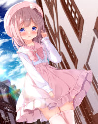 1boy artist_name beret blue_eyes blurry blurry_background blush breasts building chinomaron closed_mouth cloud cloudy_sky cowboy_shot depth_of_field eyebrows_hidden_by_hair frills hair_between_eyes hand_on_own_leg hands_up hat highres lace_trim long_hair long_sleeves looking_at_viewer original outdoors pink_hair pink_hat pink_sailor_collar pink_skirt pleated_skirt sailor_collar shirt signature skirt sky small_breasts solo standing sunlight thighhighs trap white_footwear white_shirt zettai_ryouiki